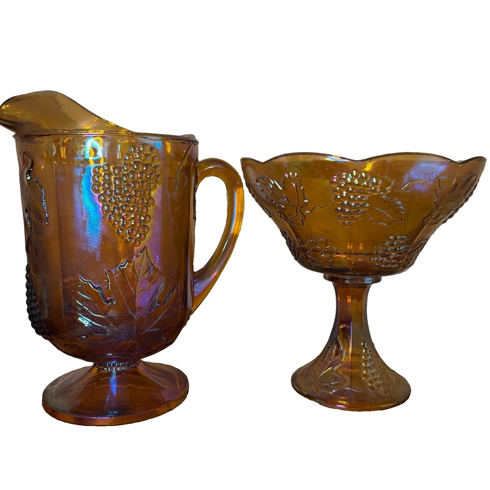 Indiana Glass Harvest Grape Carnival Marigold Pitcher Vase & Compote Iridescent